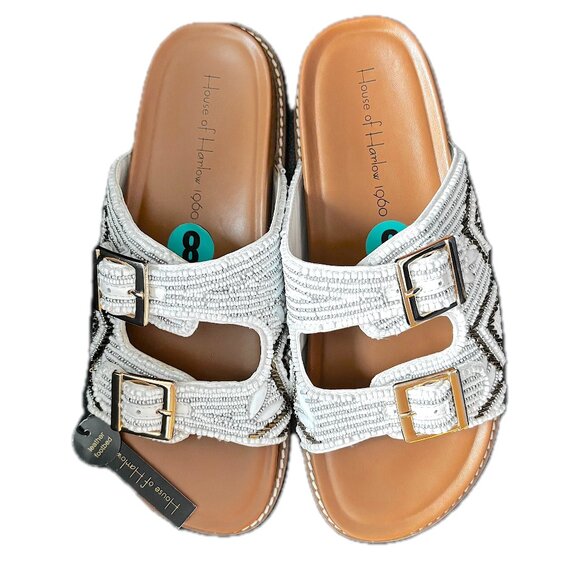 House of Harlow Beaded Flat Sandal Double Buckle White Shimmer Gold Sz 8 NEW - Picture 4 of 10
